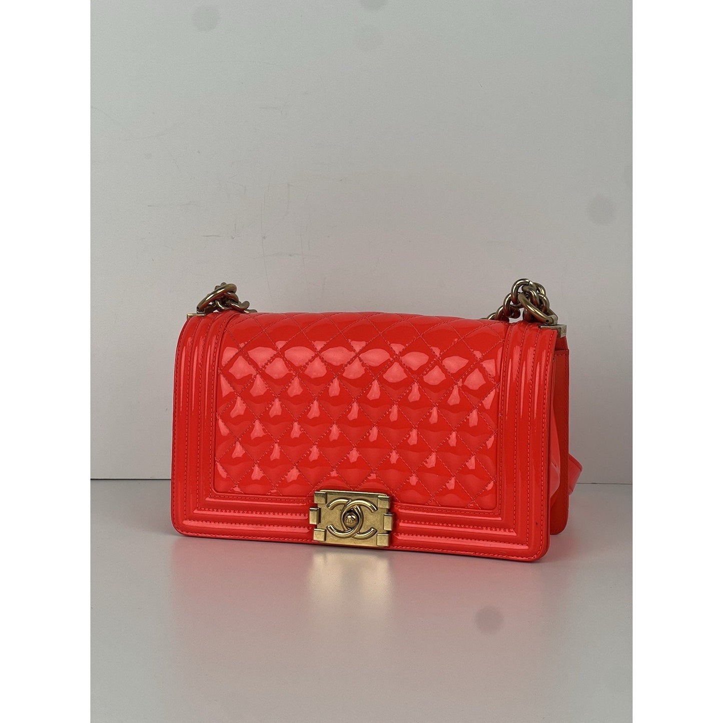 CHANEL Patent Quilted Medium Boy Flap Orange Shoulder Bag (2015-2016)