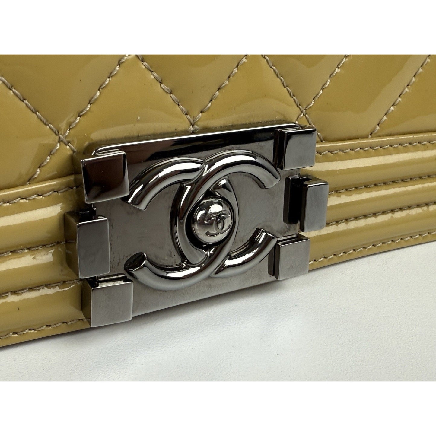 Chanel Boy Medium Chevron & Quilted Mustard Patent Leather Shoulder Bag