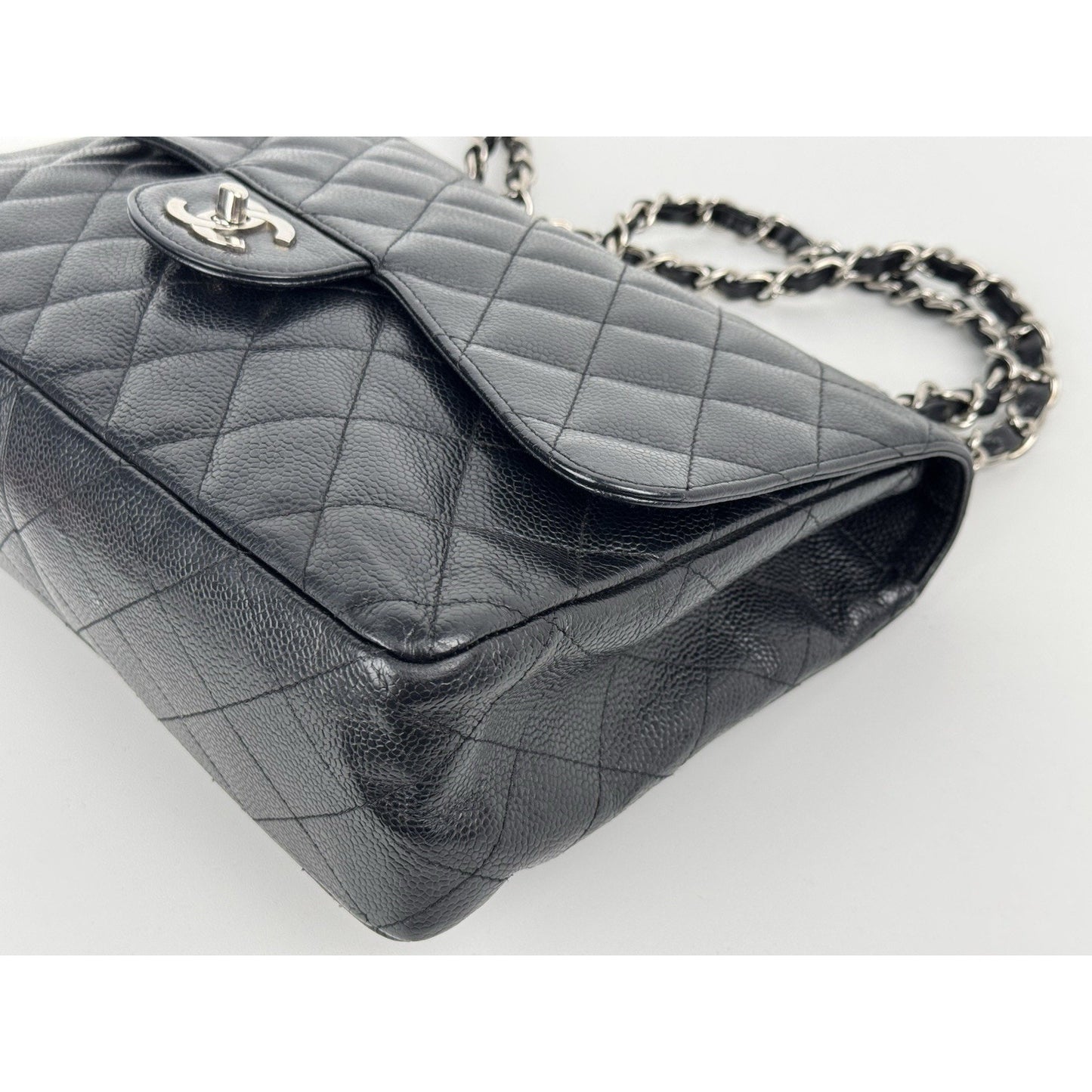 Chanel Jumbo Classic Single Flap Bag in Black Caviar Leather w Silver Hardware