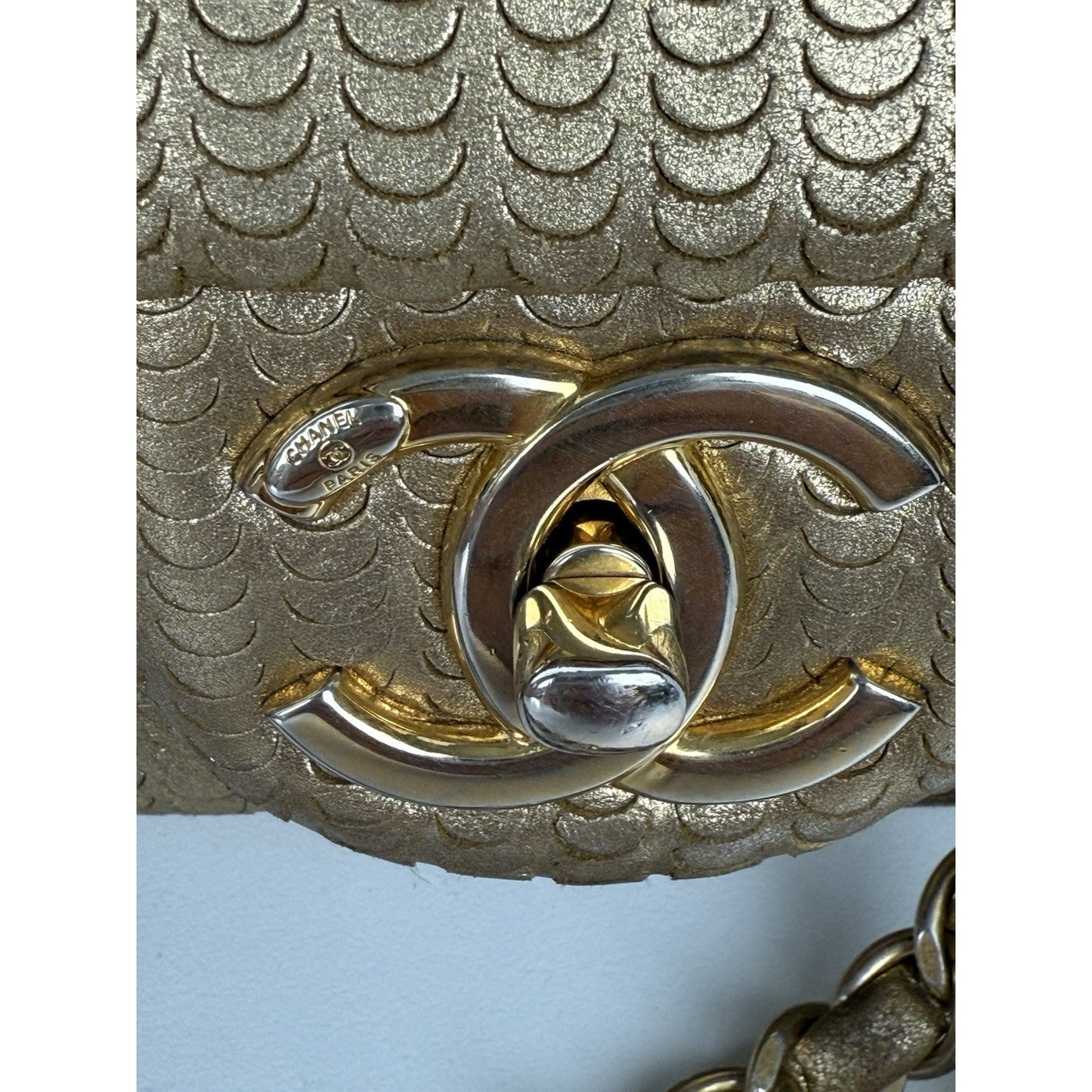 CHANEL Metallic Gold Lambskin Fish Skin Pattern Laser Cut Small Shoulder Bag