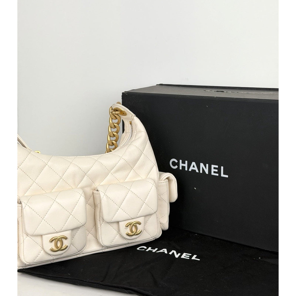 Chanel Trendy Pockets Hobo Bag Medium in White Quilted Lambskin Leather NFC B7