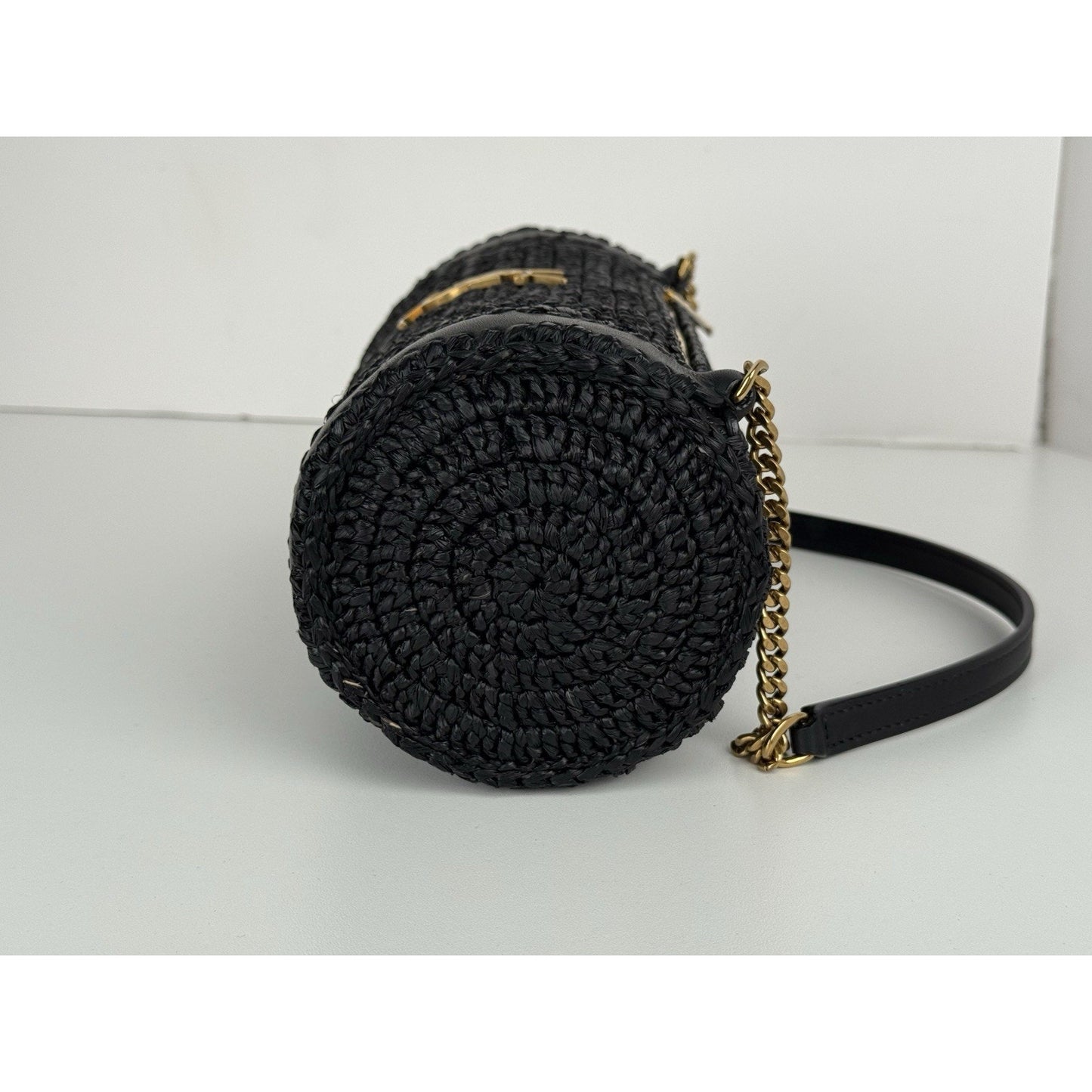 SAINT LAURENT Small Cylinder Black Raffia & Leather Shoulder Bag