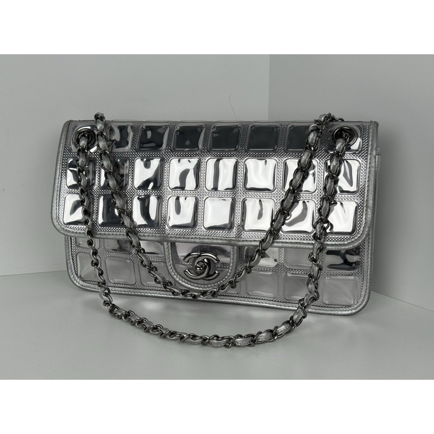 Chanel Classic Flap Ice Cube Chocolate Bar Metallic Silver PVC with Leather Trim