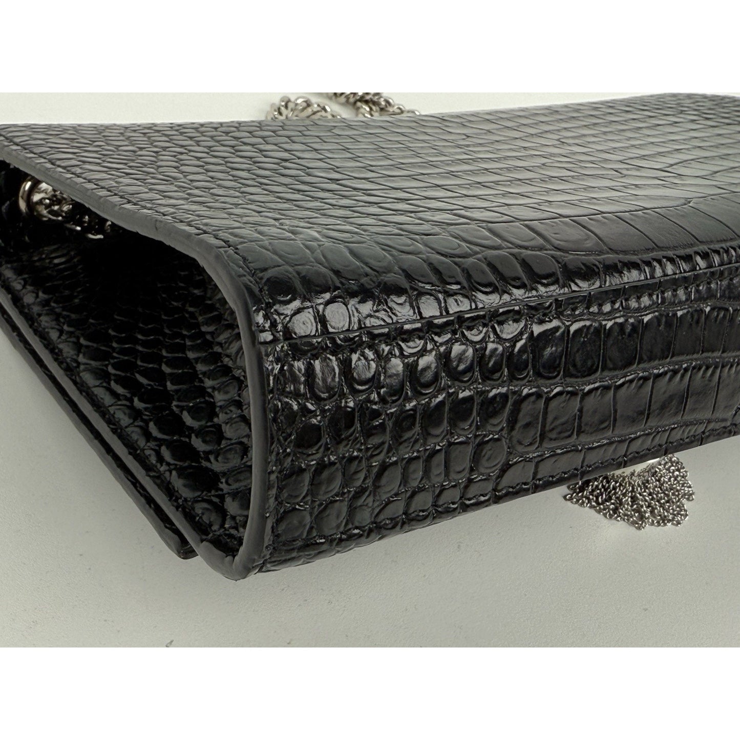 Saint Laurent Kate Tassel Croc-Embossed Leather Shoulder Bag in Black