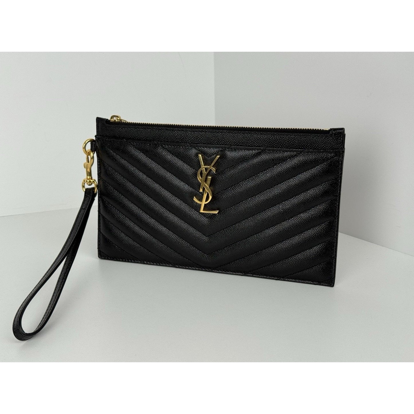 Saint Laurent Quilted Monogram Mini Strap Clutch Black with Gold Hardware