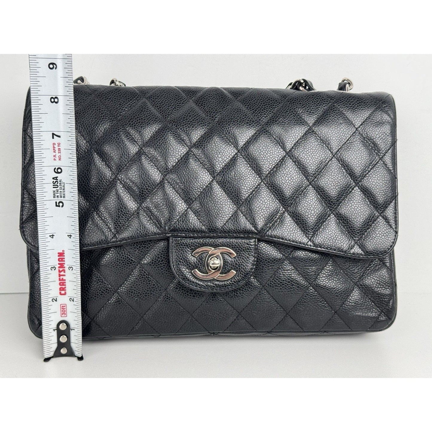 Chanel Jumbo Classic Single Flap Bag in Black Caviar Leather w Silver Hardware