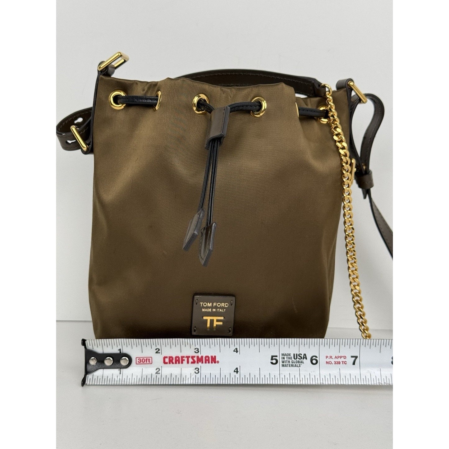 Tom Ford Small Disco Bucket Bag Nylon Khaki Green with Gold Hardware