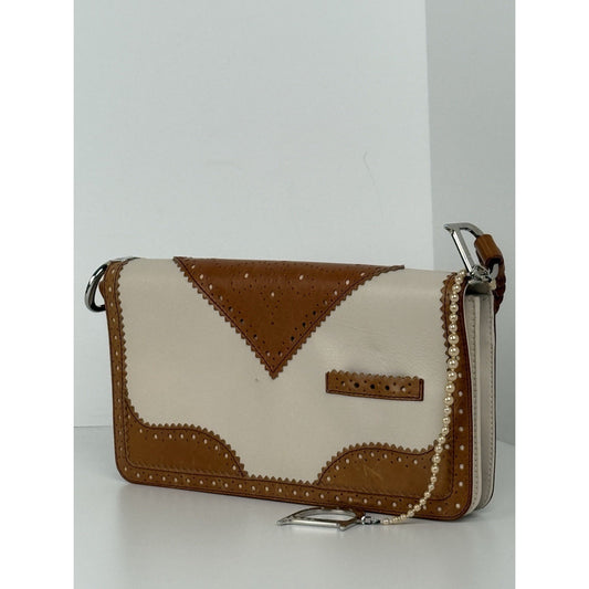 Dior Tan/Off White Brogue Leather Faux Pearl D’Trick Baguette Bag