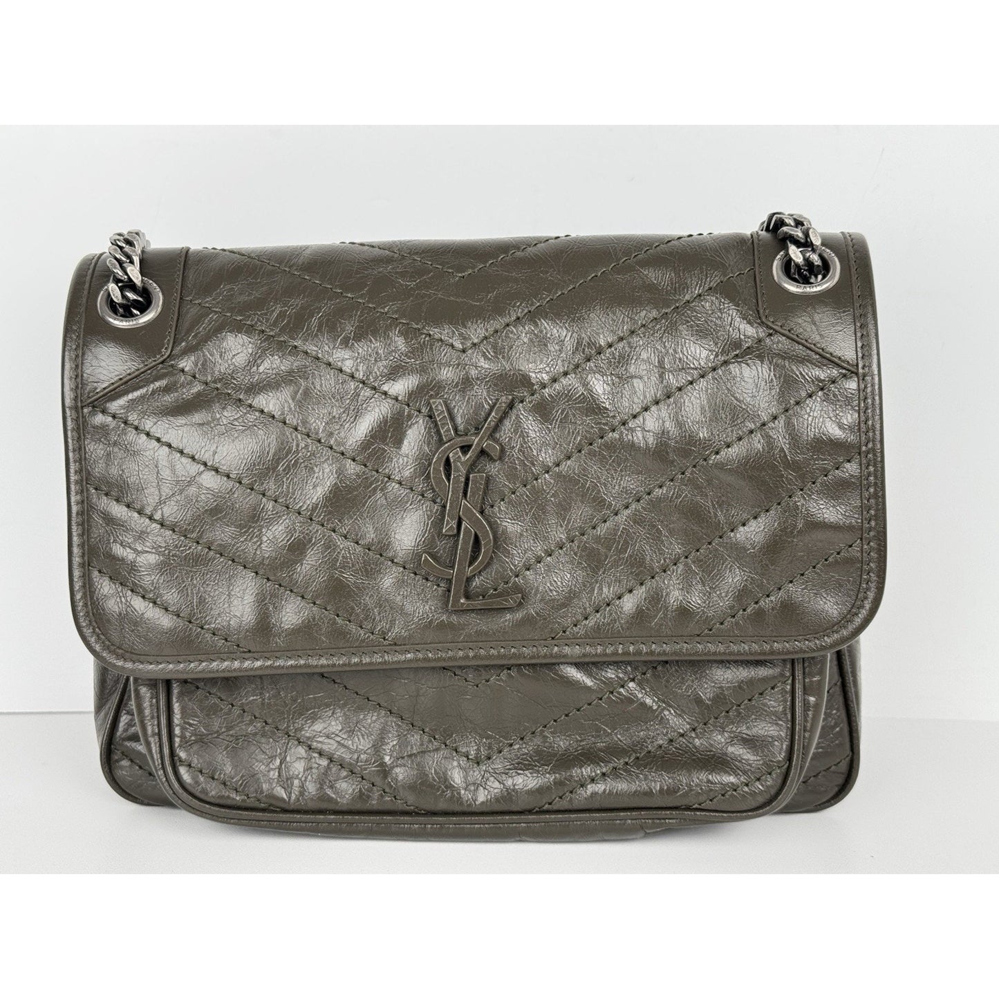 Saint Laurent Niki Medium Crinkled Matelassé Chain Satchel Dark Green C-6