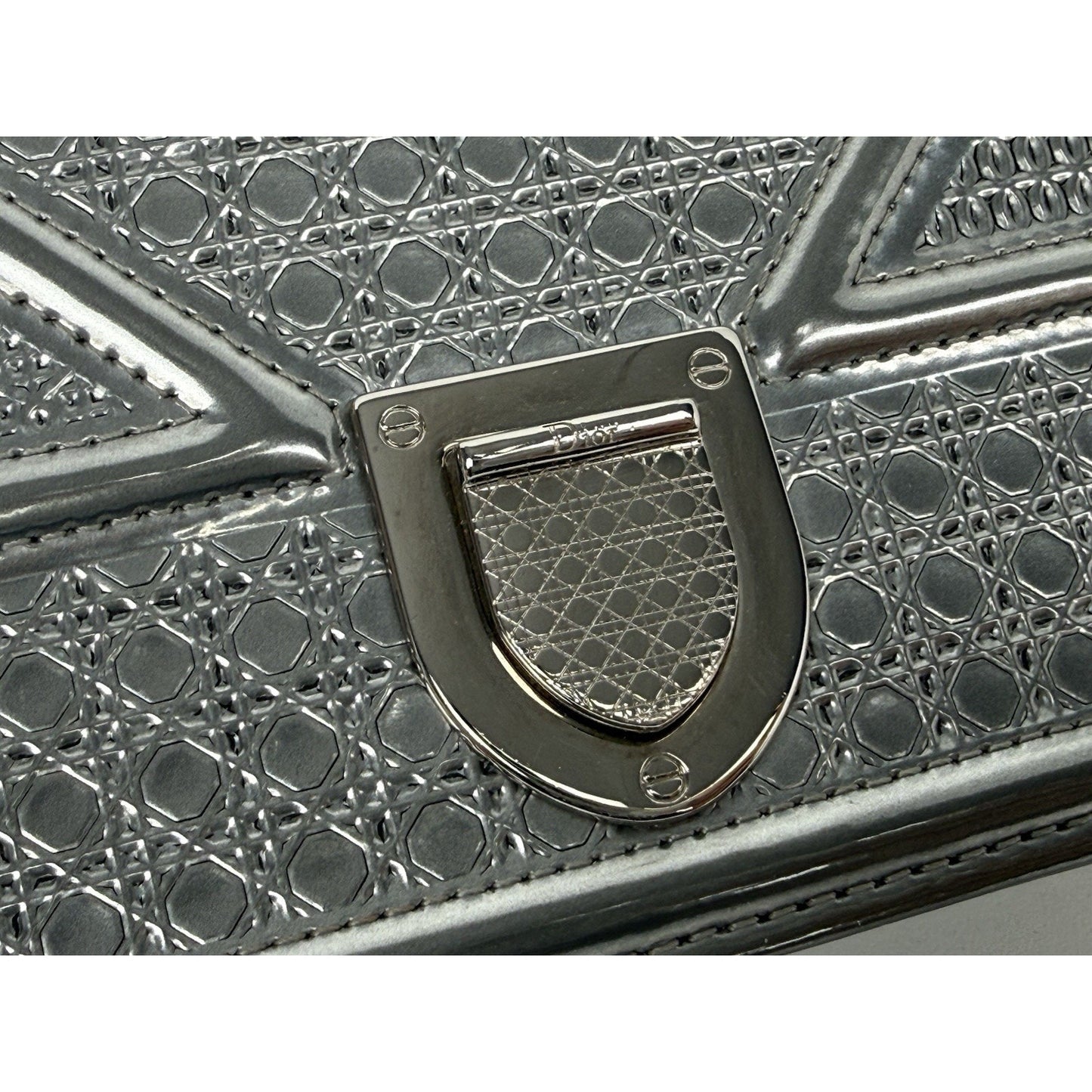 Dior Micro-Cannage Diorama Wallet on Chain Pouch Metallic Silver Patent Leather