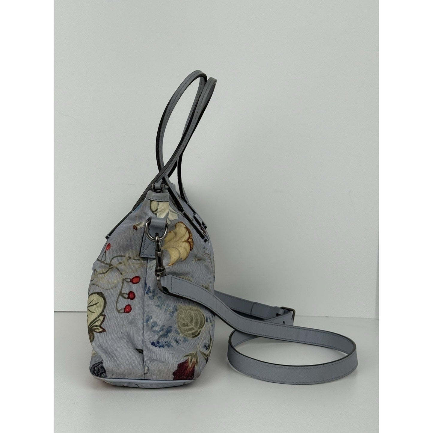 Gucci Flora Knight Zippered Tote Bag Dusty Blue Canvas with Leather Trim