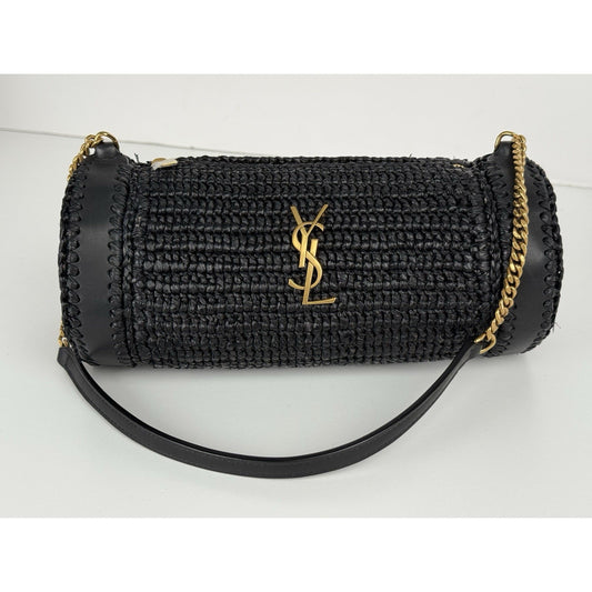 SAINT LAURENT Small Cylinder Black Raffia & Leather Shoulder Bag