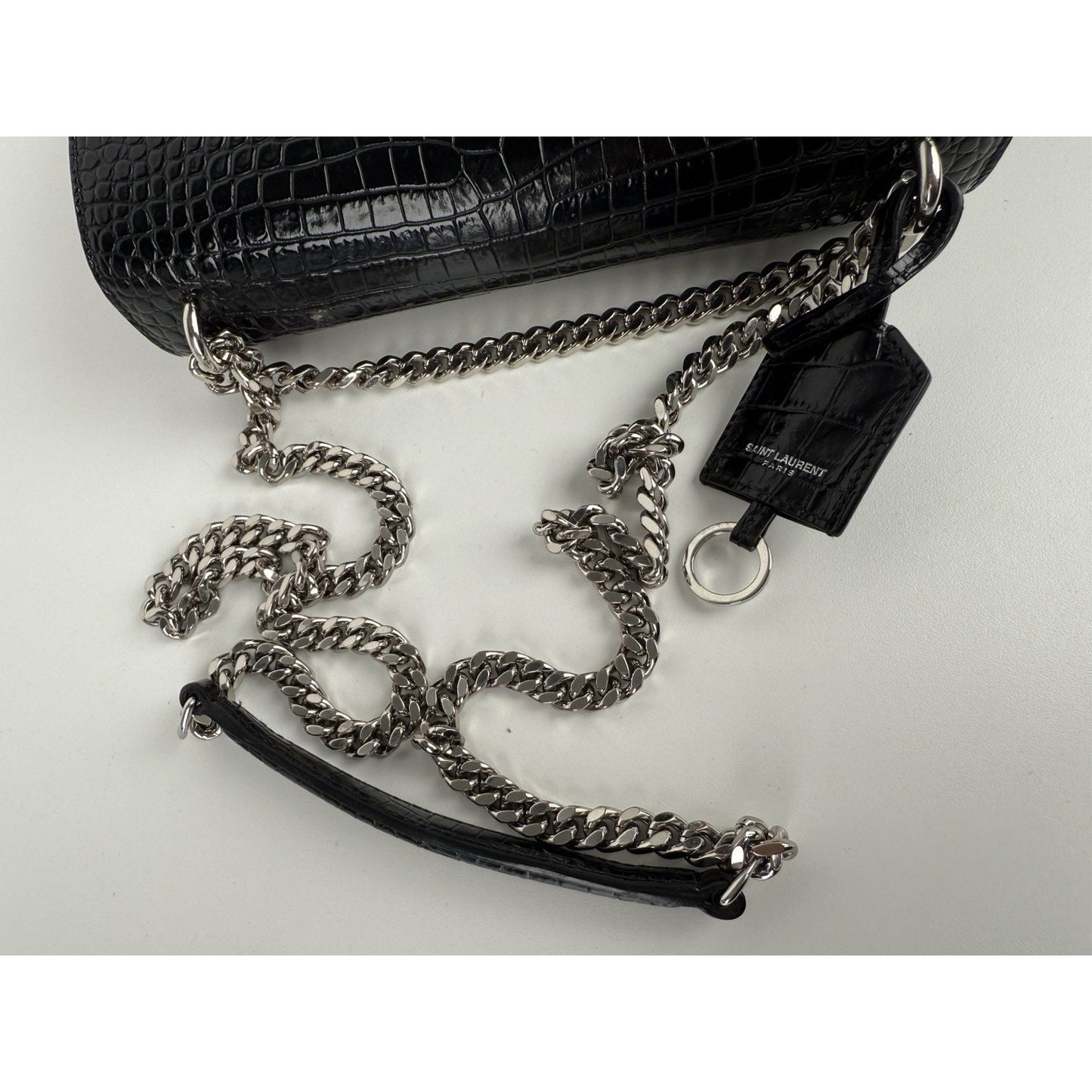 Saint Laurent Sunset Black Shiny Crocodile Embossed Leather Shoulder Bag
