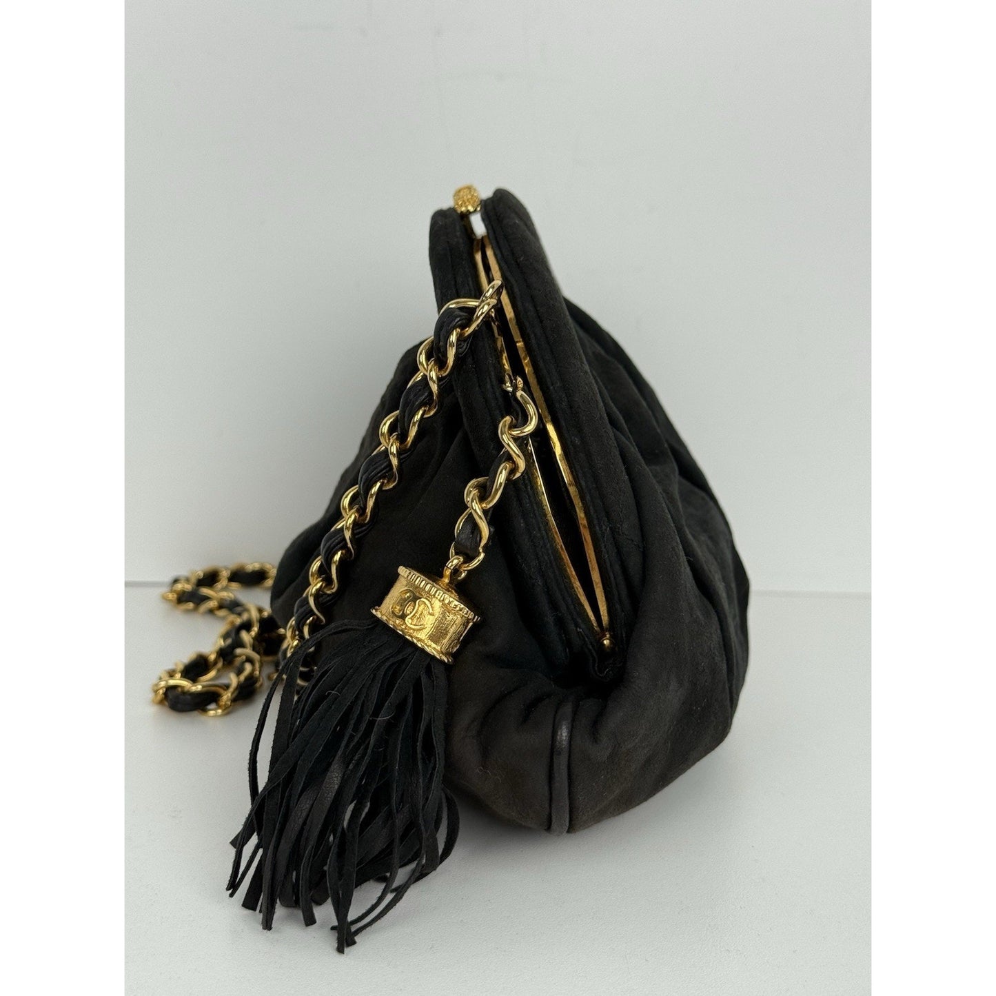 Chanel CC Matelassé Fringe Chain Shoulder Vintage Bag Black with Gold Hardware