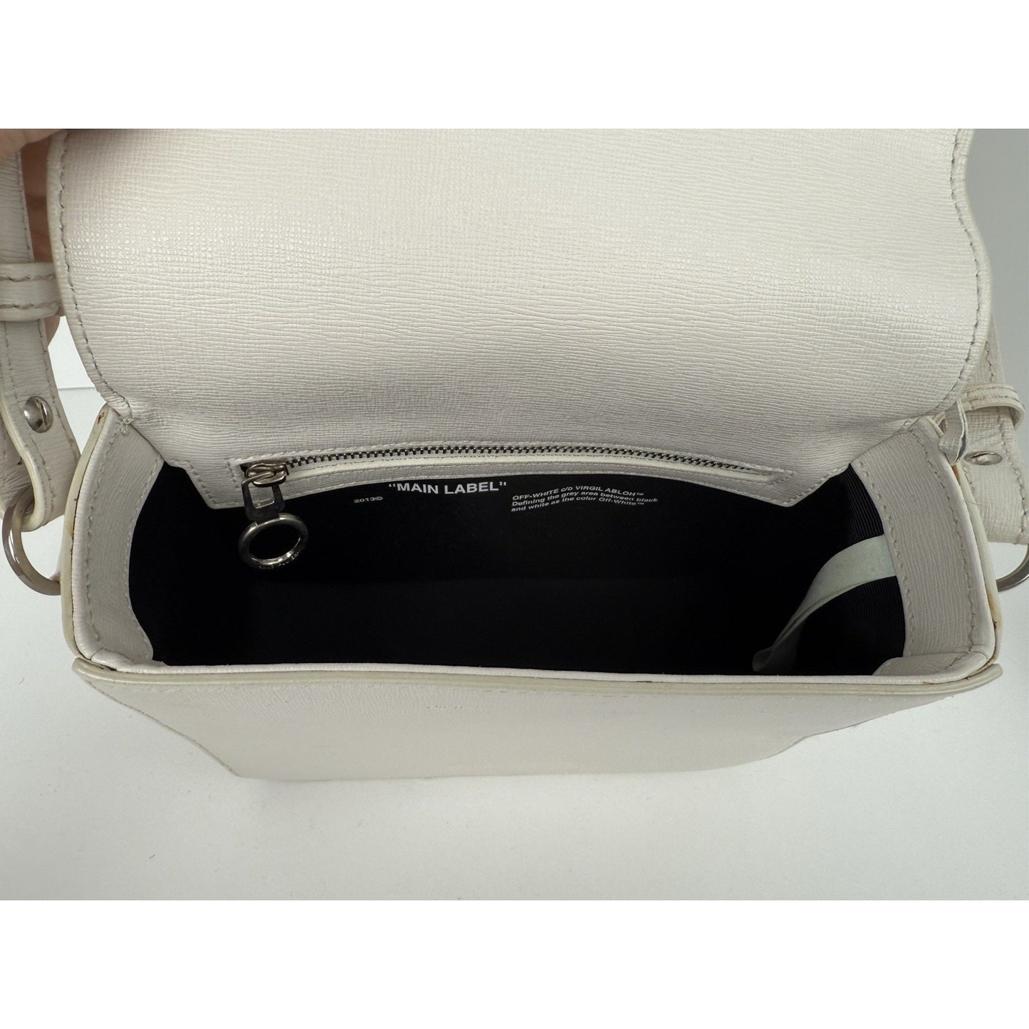 Off-White Diagonal Stripe Binder Clip Shoulder Bag White Leather with Silver