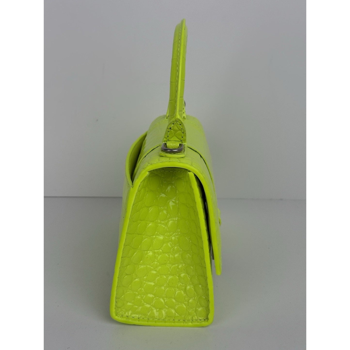 BALENCIAGA Crocodile Embossed Neon Green Leather Hourglass Top Handle Bag