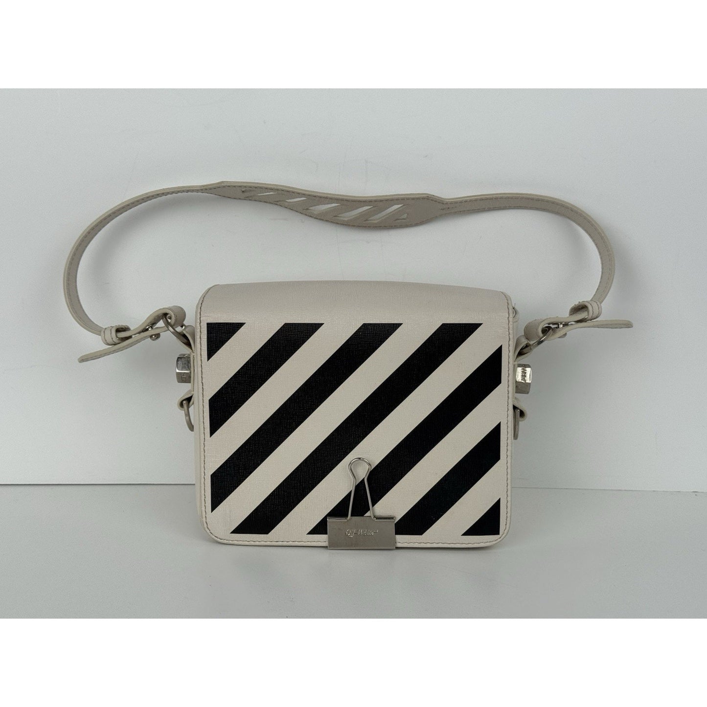 Off-White Diagonal Stripe Binder Clip Shoulder Bag White Leather with Silver