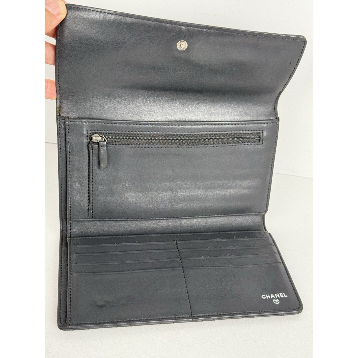 Chanel Long Flap Boy Wallet in Gray Leather