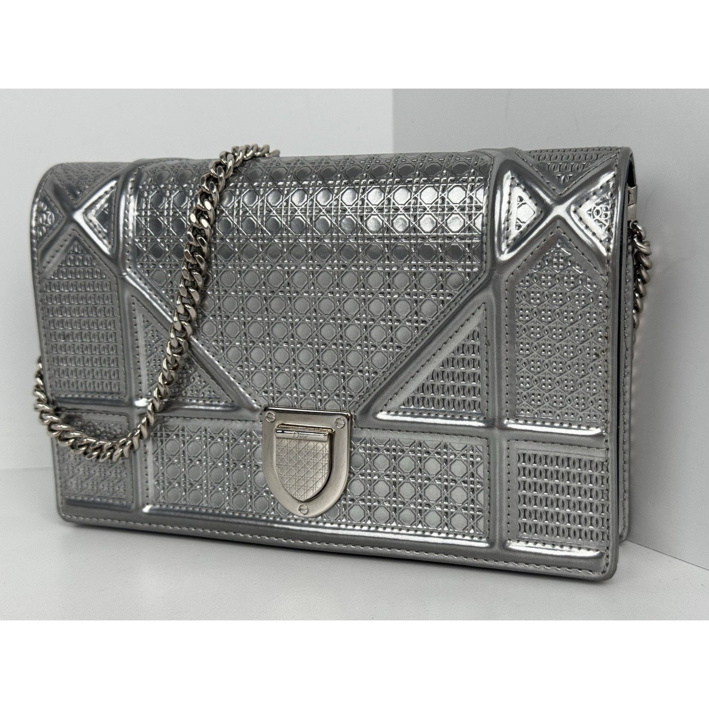 Dior Micro-Cannage Diorama Wallet on Chain Pouch Metallic Silver Patent Leather