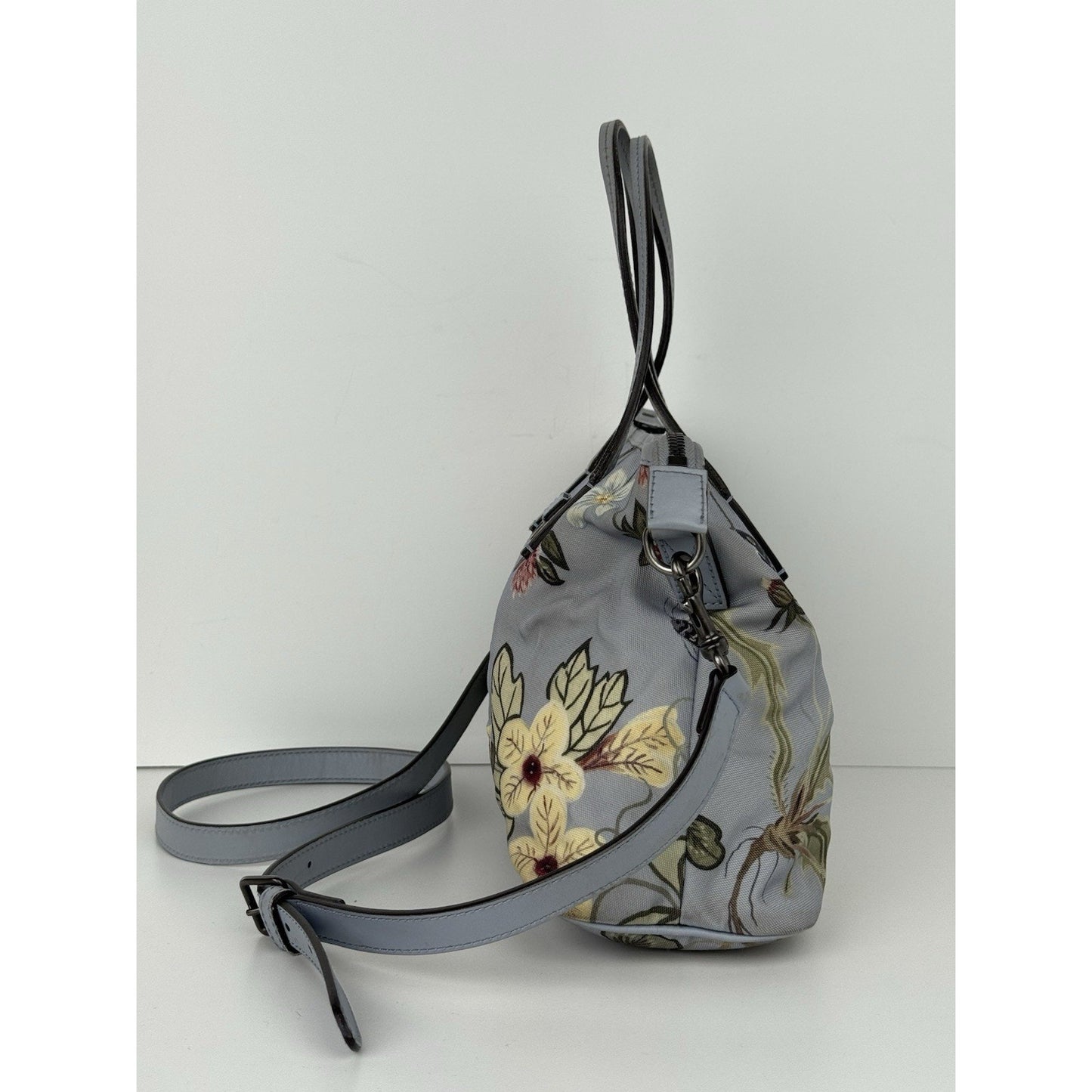 Gucci Flora Knight Zippered Tote Bag Dusty Blue Canvas with Leather Trim
