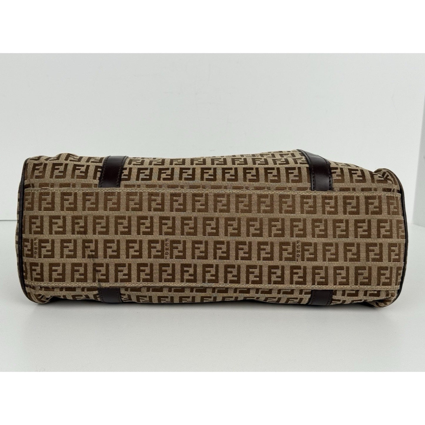 Fendi Zucchino Canvas Monogram Bag with Leather Trim and Silver Hardware