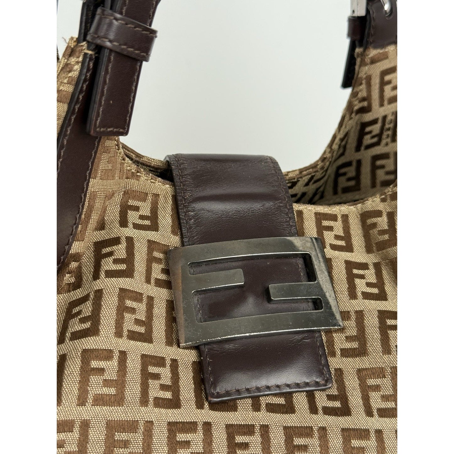 Fendi Zucchino Canvas Monogram Bag with Leather Trim and Silver Hardware