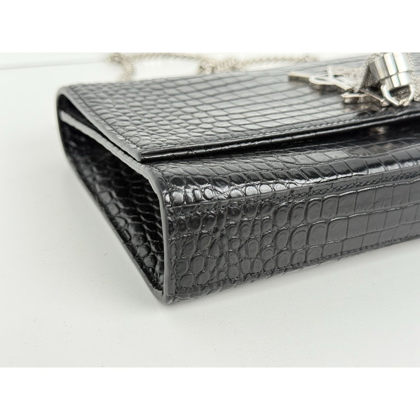Saint Laurent Kate Tassel Croc-Embossed Leather Shoulder Bag in Black