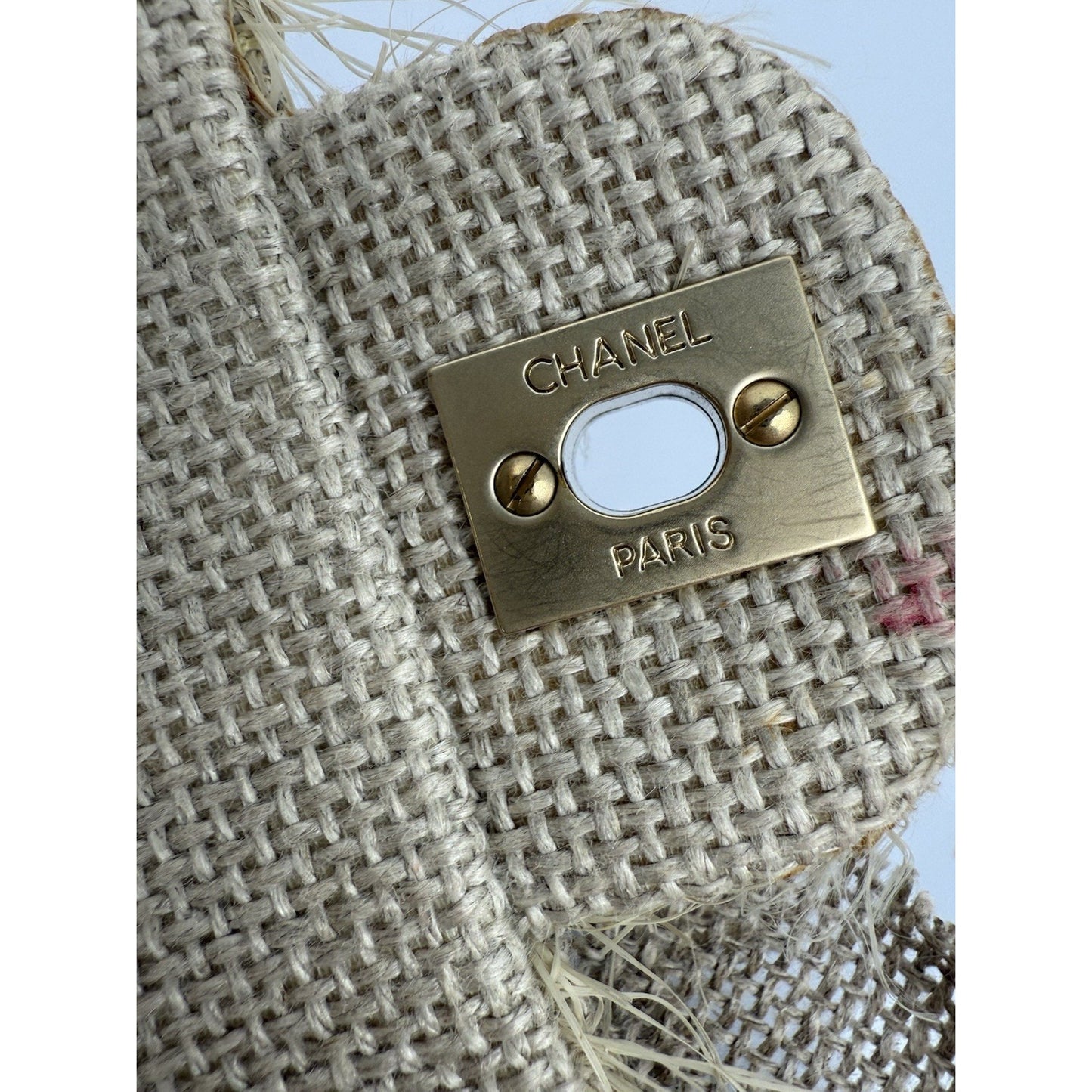 CHANEL Taupe Linen Quilted Camelia Straw Jute Raffia Medium Flap Shoulder Bag