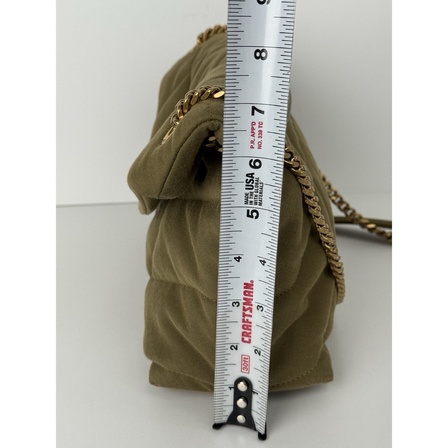 SAINT LAURENT Small Puffer Wool Chevron Quilt Shoulder Bag in Olive Green