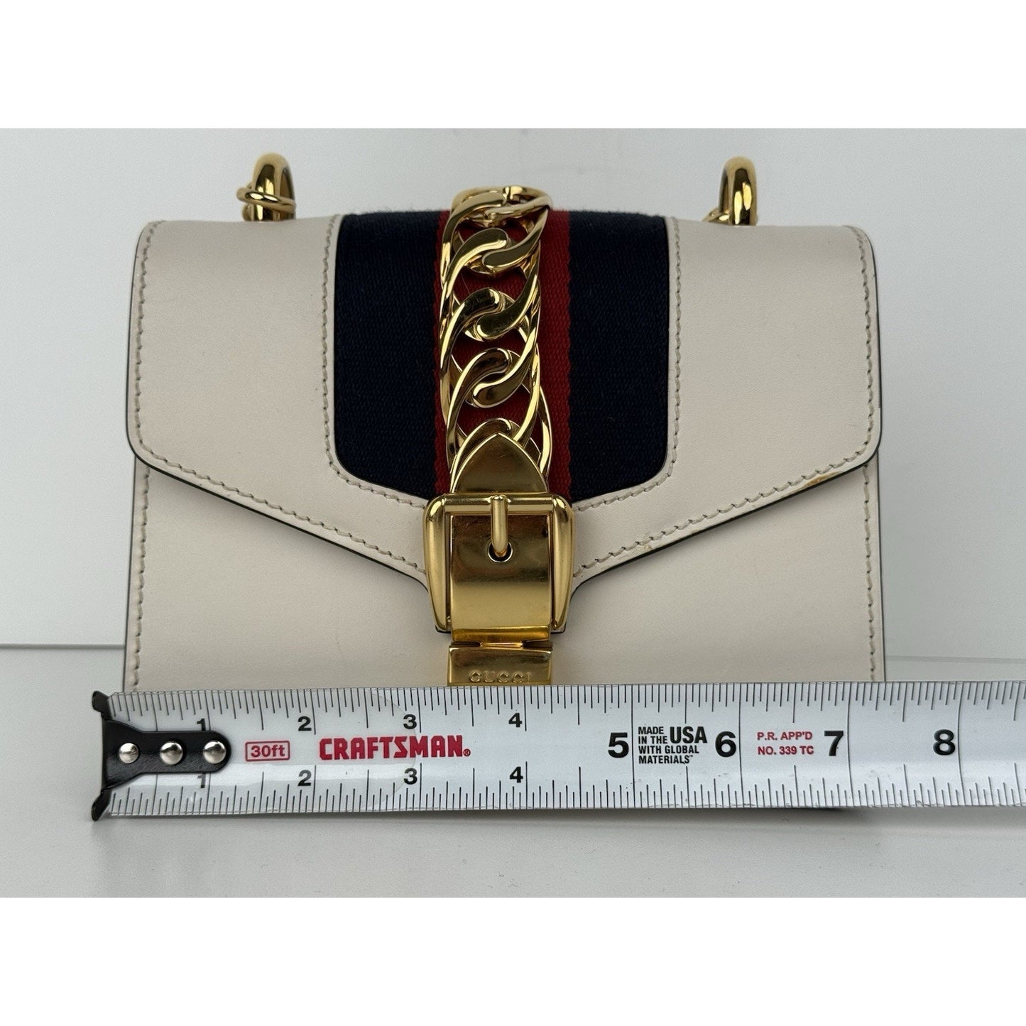 Gucci Sylvie White Leather Shoulder Bag with Gold Chain Detail