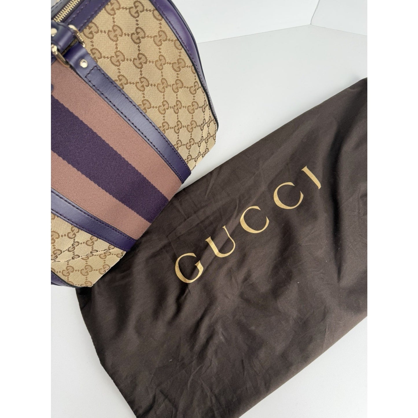 Gucci Web Boston Medium Bag in Brown GG Monogram Canvas & Purple Trim S