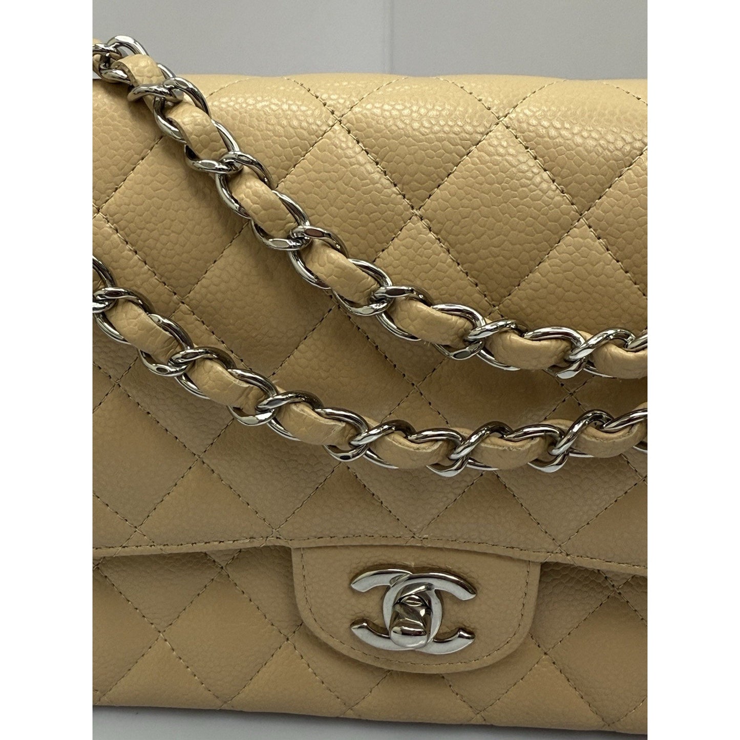 CHANEL Medium Classic Double Flap Beige Caviar Leather Shoulder Bag 2012-2013