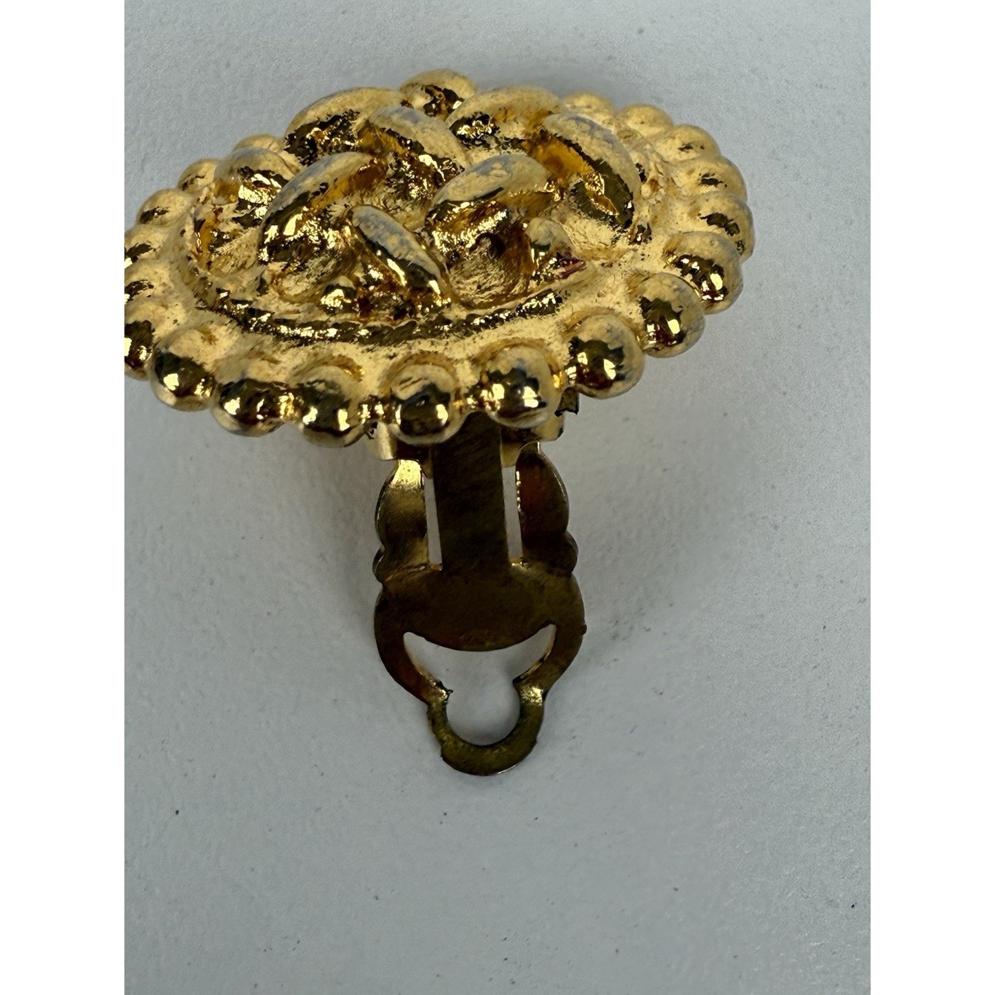 Chanel Vintage Woven Button Large Round Gold Tone Clip On Earrings