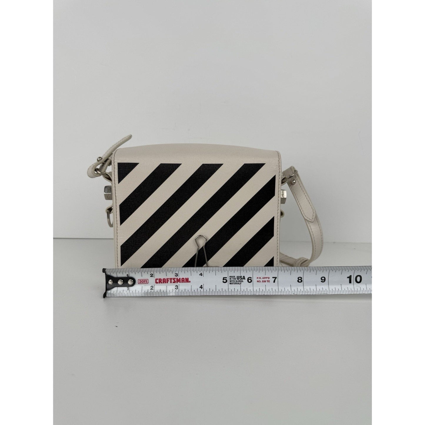 Off-White Diagonal Stripe Binder Clip Shoulder Bag White Leather with Silver