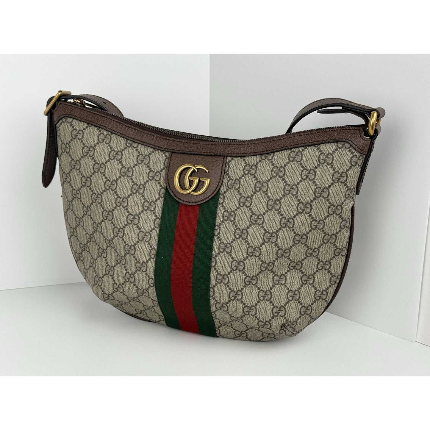 Gucci Ophidia Half Moon Hobo GG Coated Brown Canvas Small