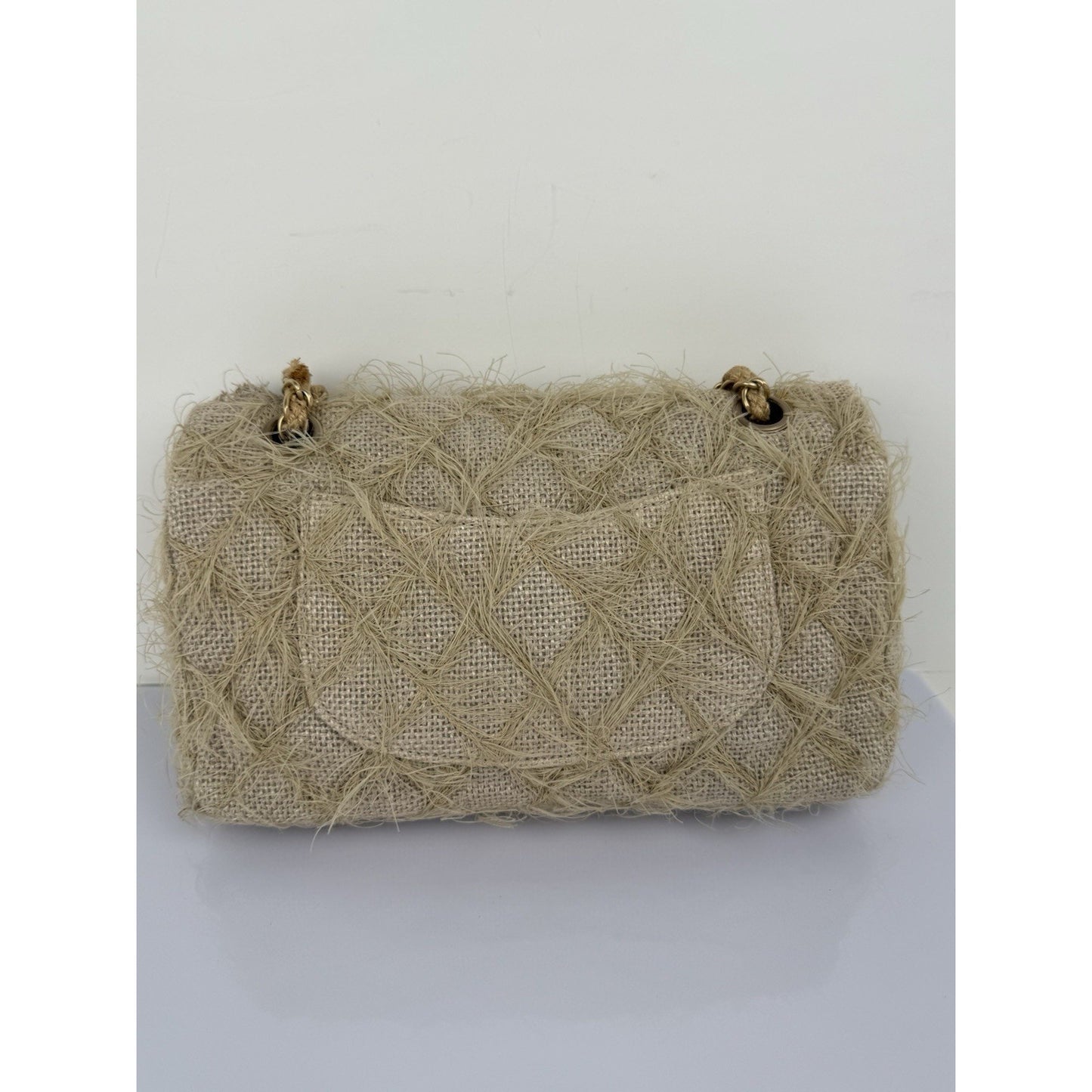 CHANEL Taupe Linen Quilted Camelia Straw Jute Raffia Medium Flap Shoulder Bag
