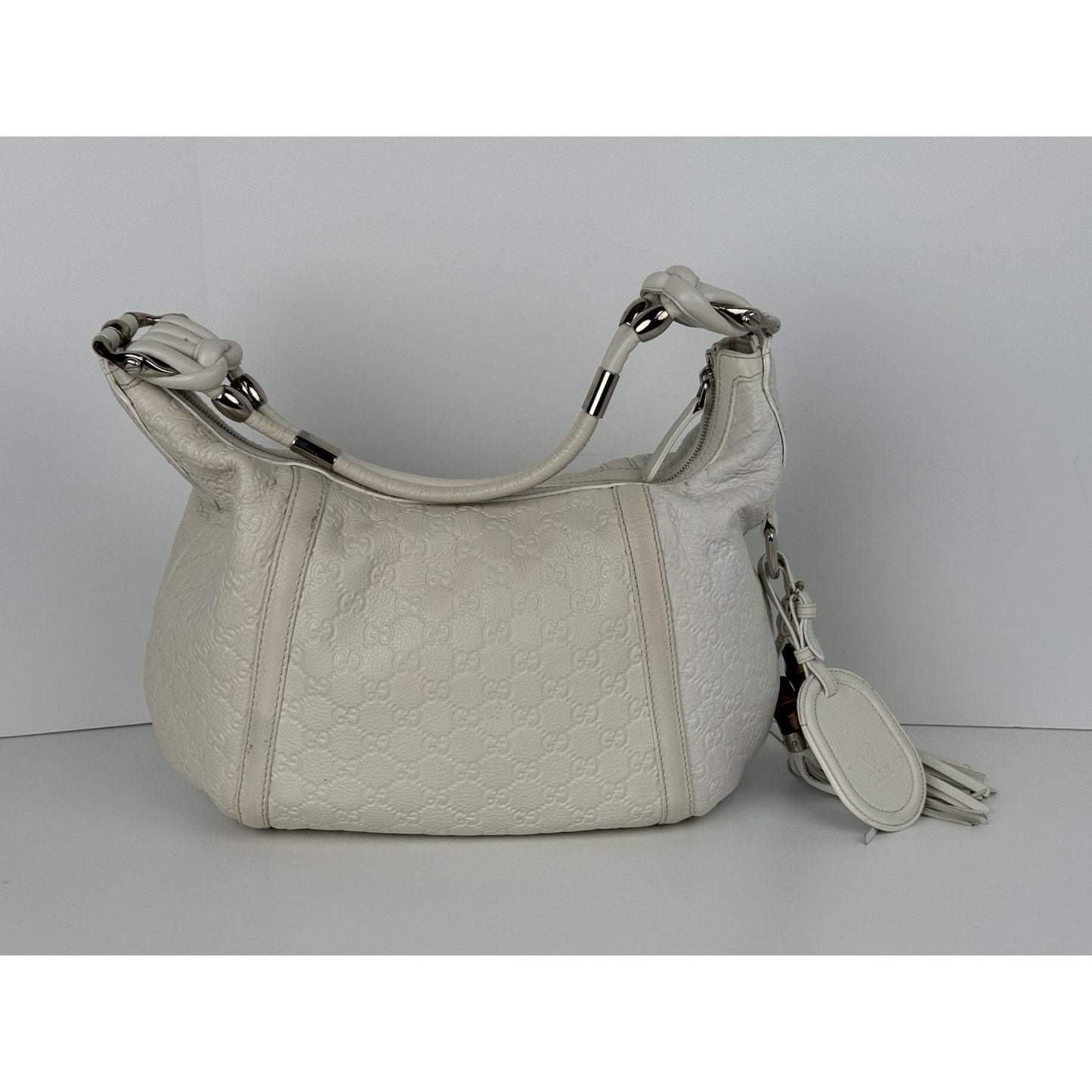 Gucci Guccissima Medium Techno Horsebit Hobo White Leather