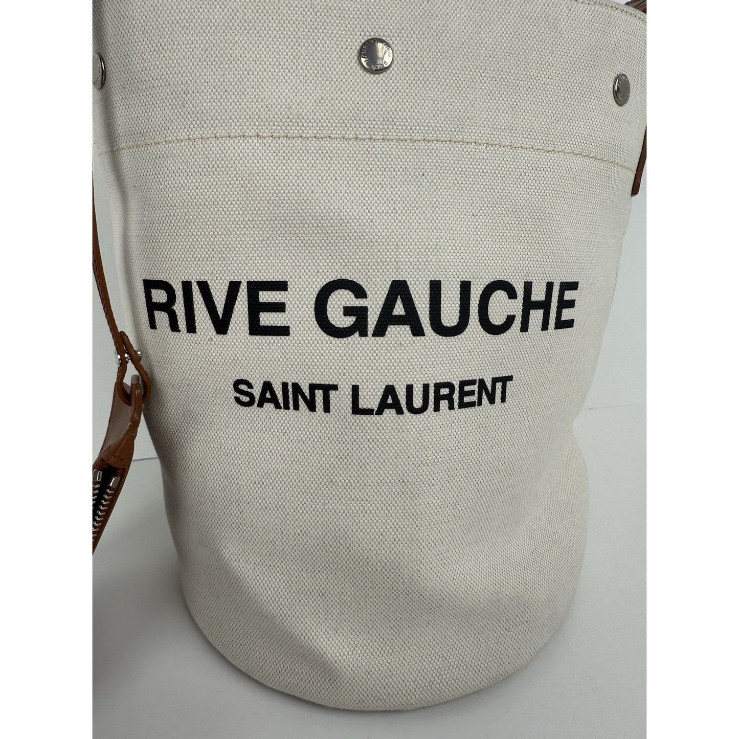 Saint Laurent Rive Gauche Linen Leather Women’s Bucket Bag in Beige