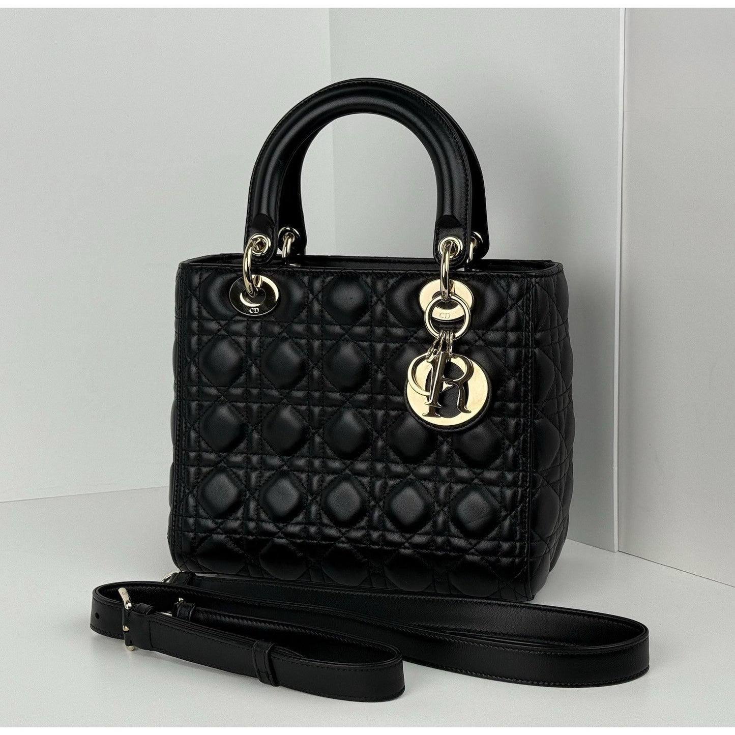 Dior Lady Medium Tote Shoulder Bag Black Leather