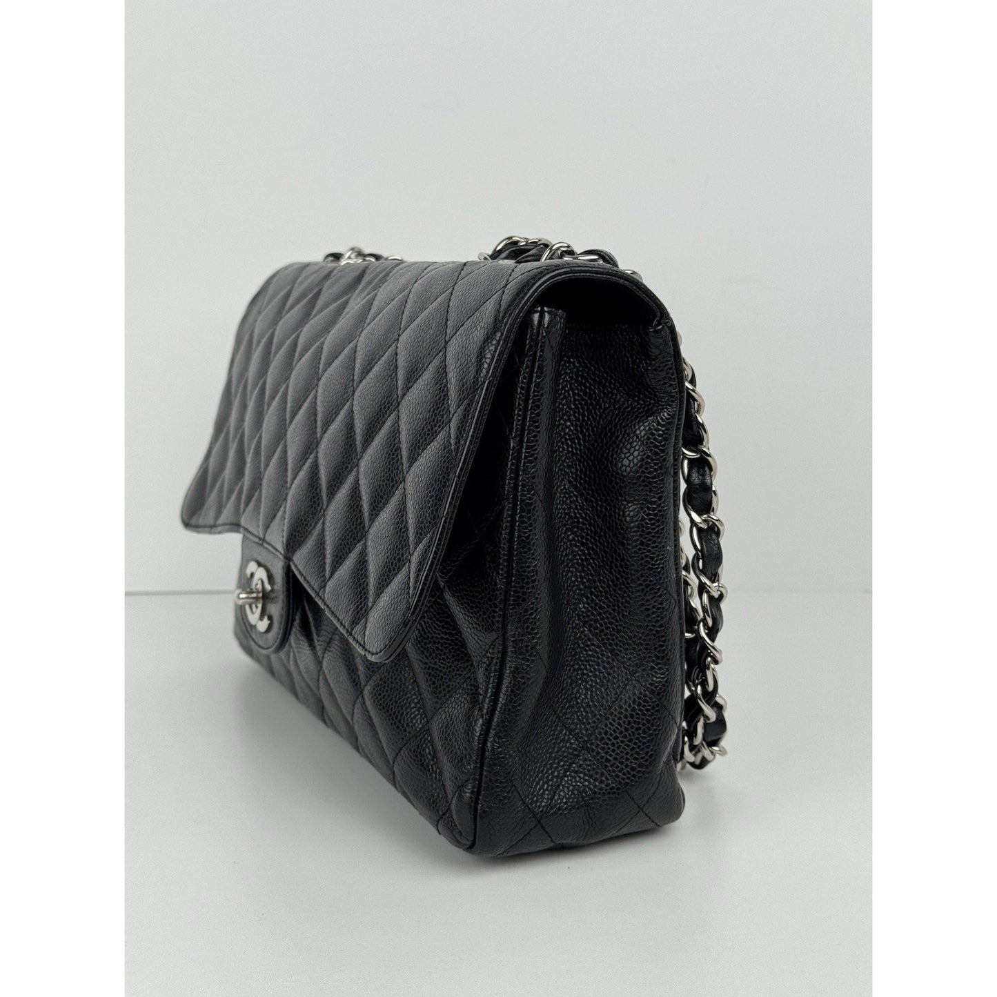 Chanel Jumbo Classic Single Flap Bag in Black Caviar Leather w Silver Hardware