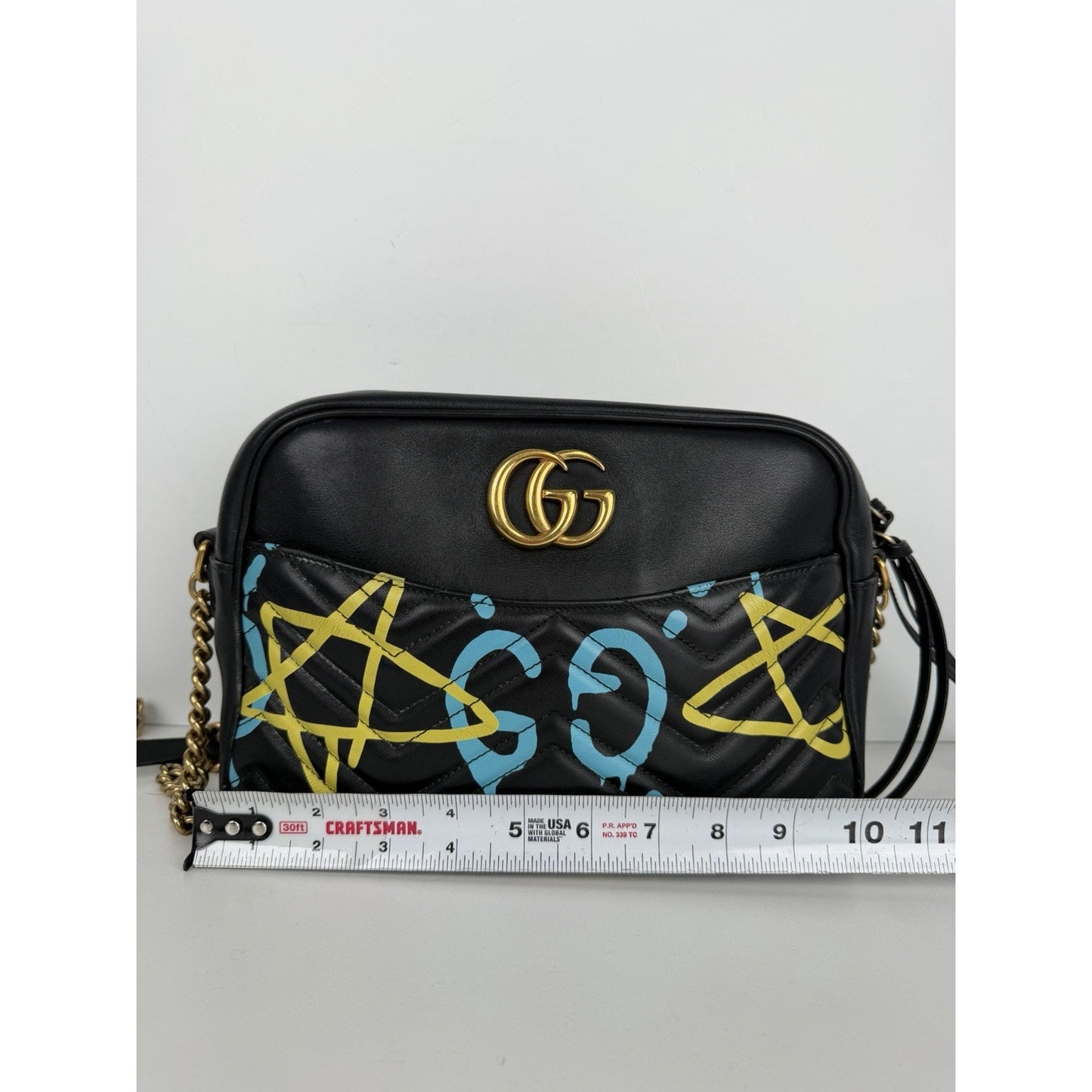 Gucci Ghost GG Marmont Camera Bag Medium in Black Leather with Graffiti Print S1