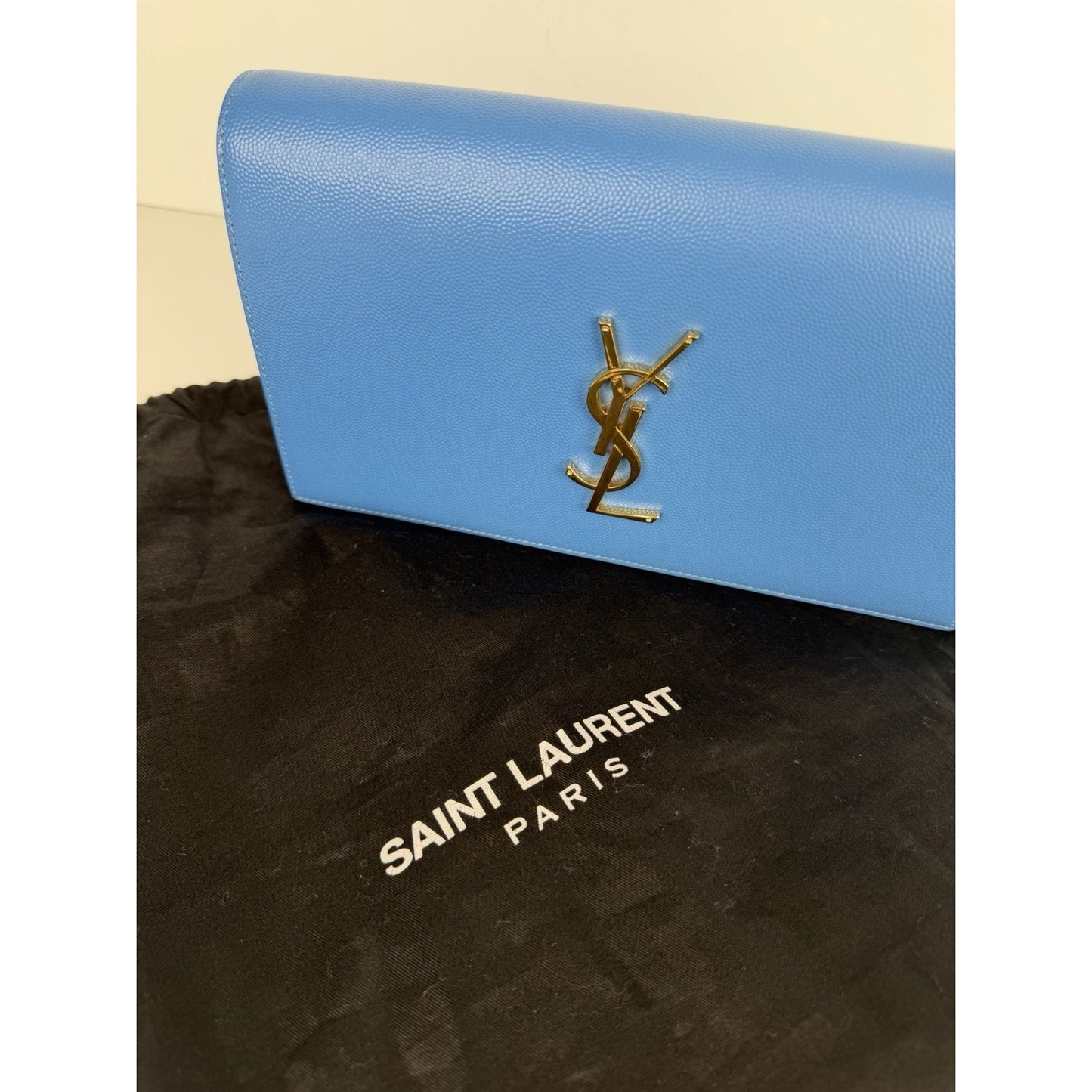 Saint Laurent Monogram Cassandre Clutch Bag in Blue Grain de Poudre Leather S-13