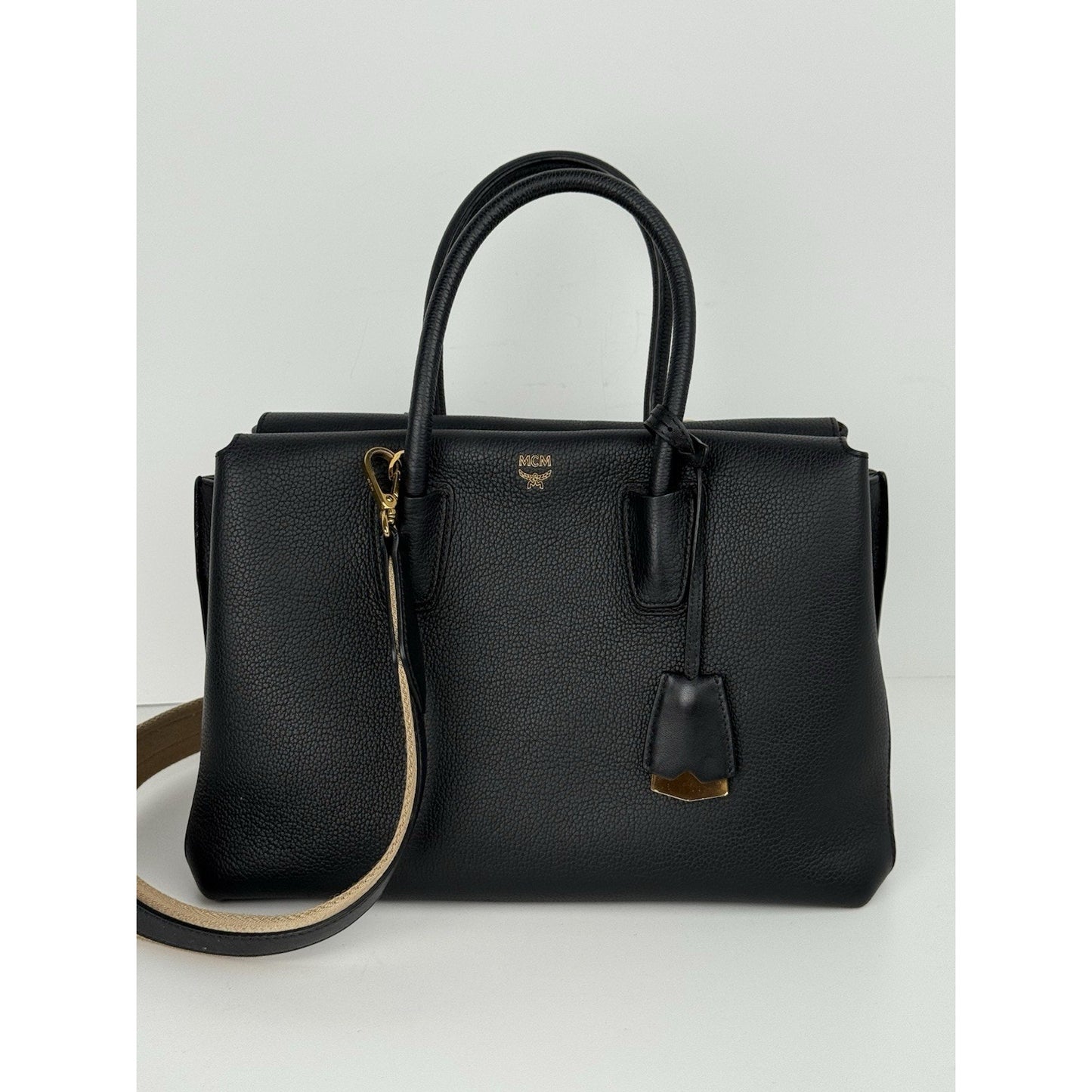 MCM Metallic Grained Black Calfskin Medium Milla Tote Spike Silver