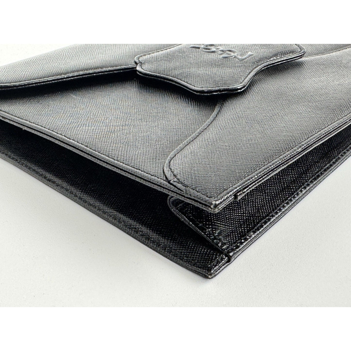 Yves Saint Laurent YSL Black Textured Leather Gold-Tone Flap Clutch Bag C-5