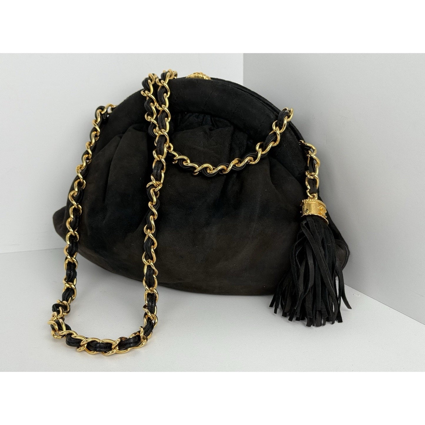 Chanel CC Matelassé Fringe Chain Shoulder Vintage Bag Black with Gold Hardware