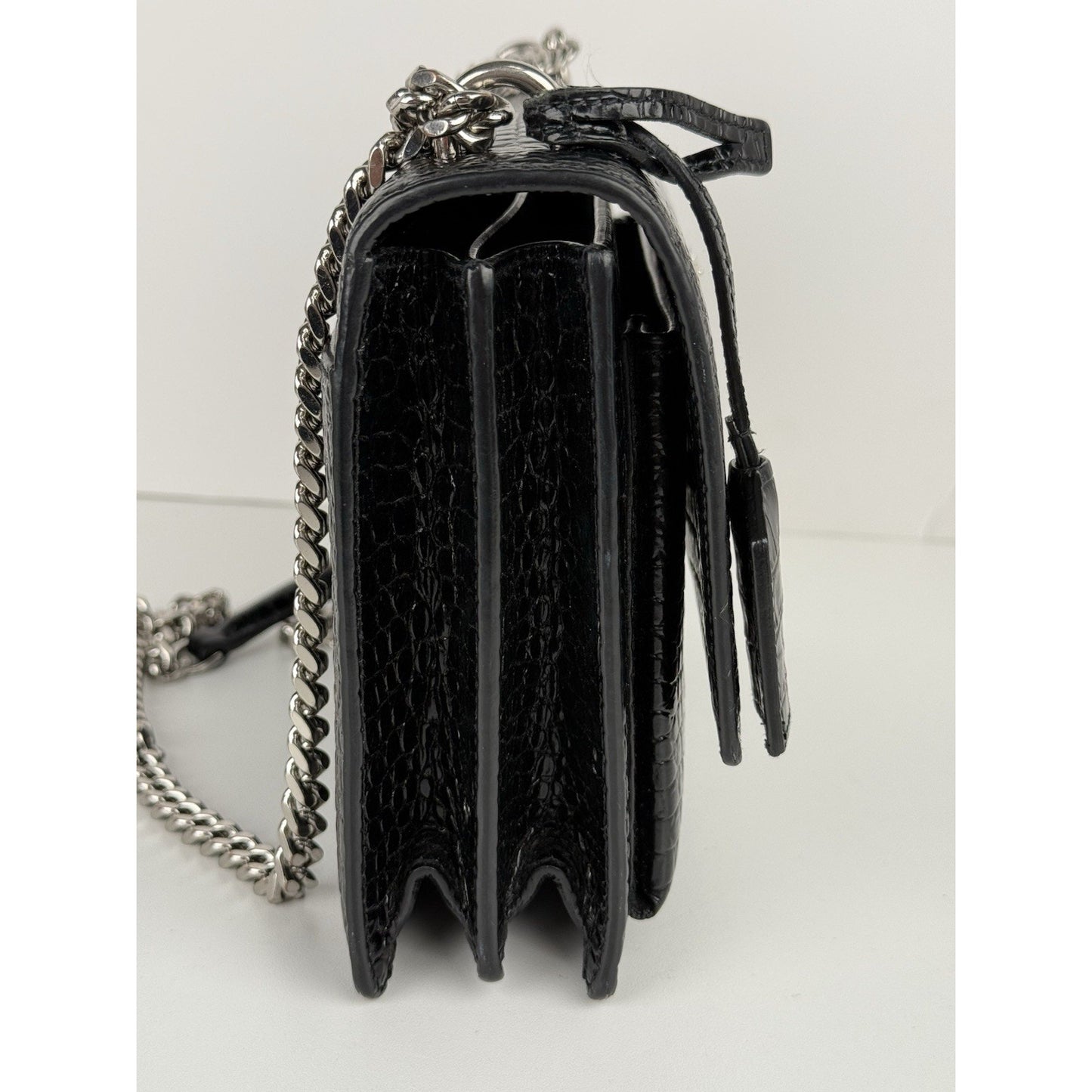Saint Laurent Sunset Black Shiny Crocodile Embossed Leather Shoulder Bag