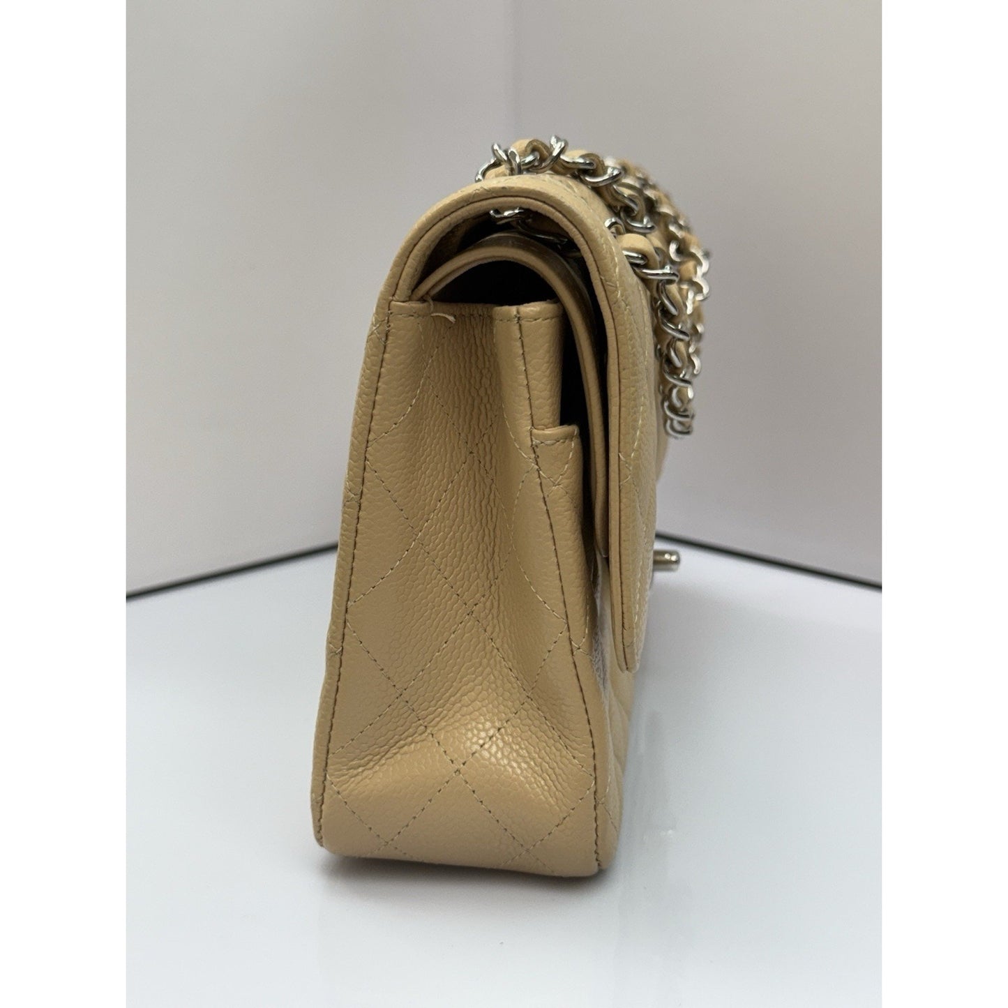 CHANEL Medium Classic Double Flap Beige Caviar Leather Shoulder Bag 2012-2013