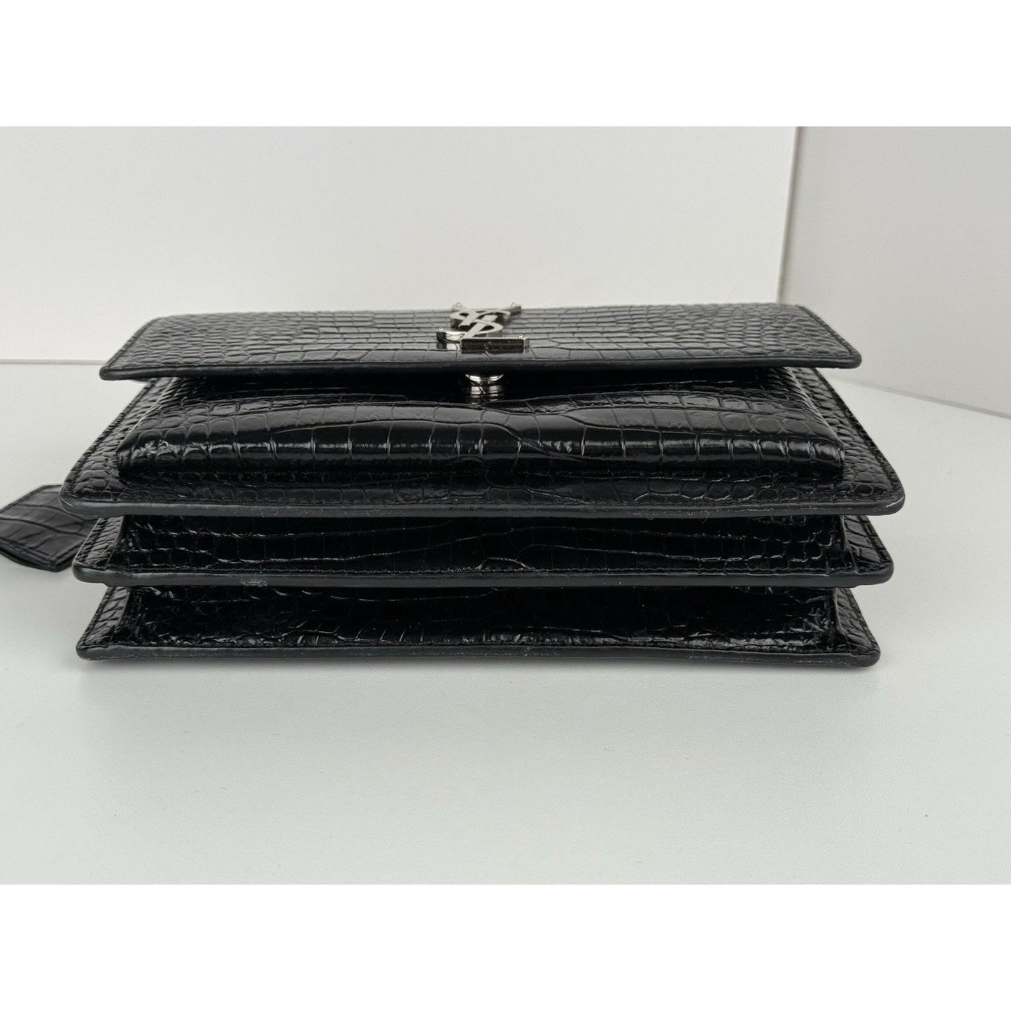 Saint Laurent Sunset Black Shiny Crocodile Embossed Leather Shoulder Bag