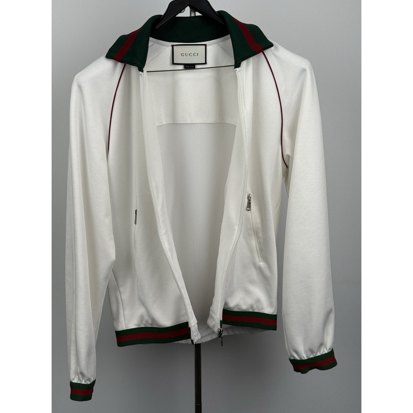 Gucci Men’s White Bomber Jacket with Green and Red Trim, Size S
