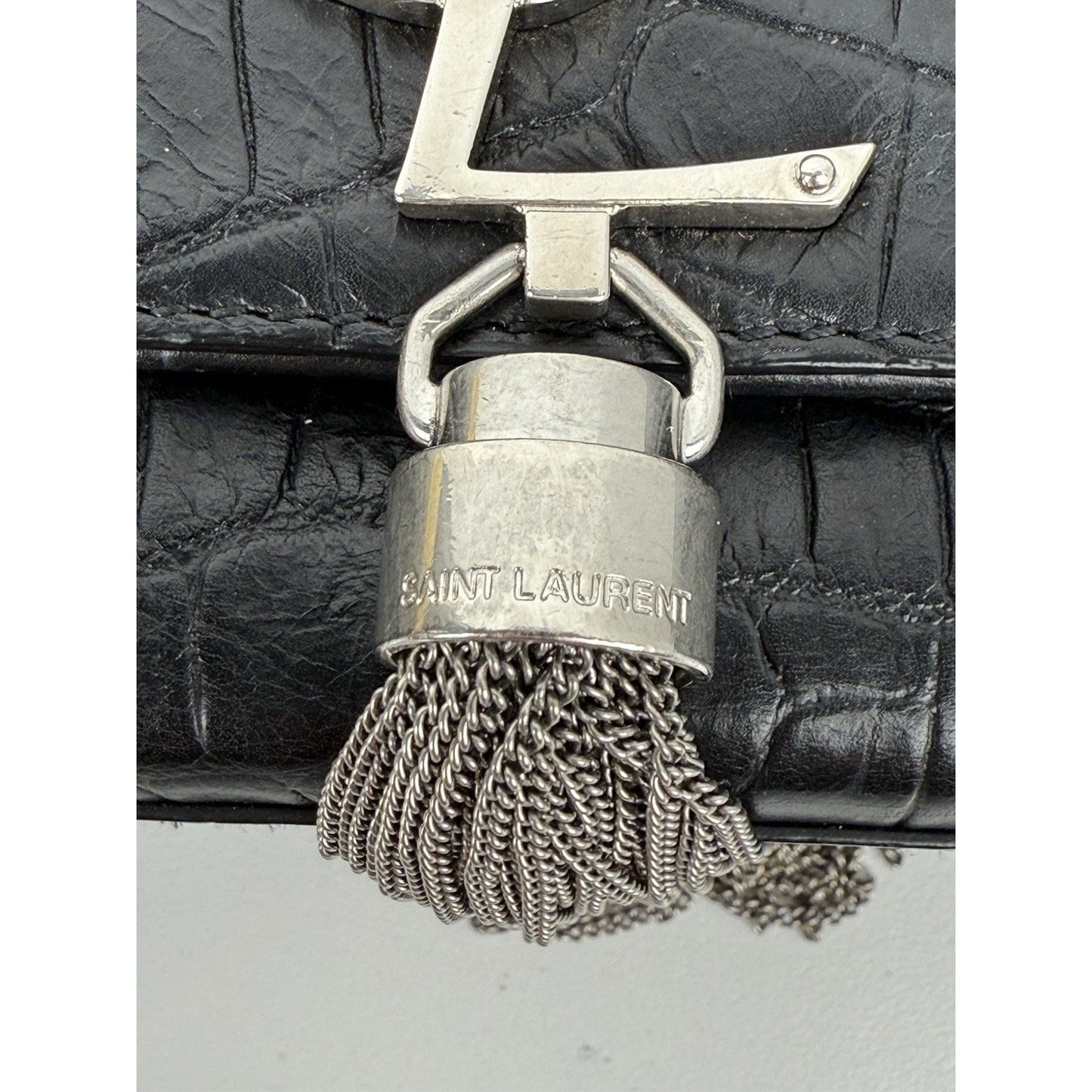 SAINT LAURENT Calfskin Crocodile Embossed Medium Kate Tassel Crossbody Black